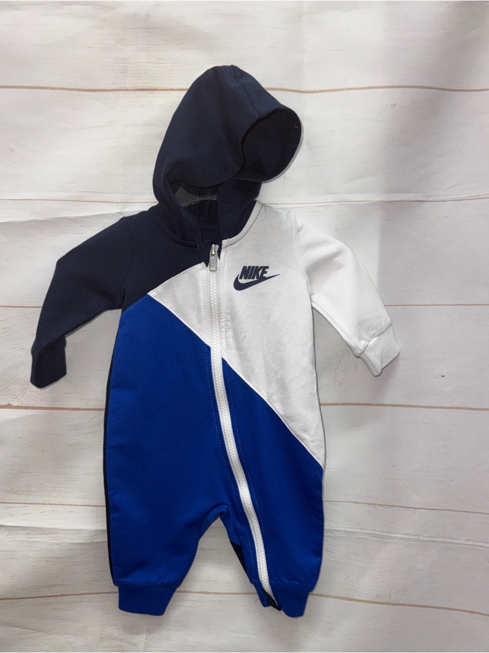 Nike Kids Colorblock Hooded One-Piece - Navy, White, Royal Blue Size 3 Months